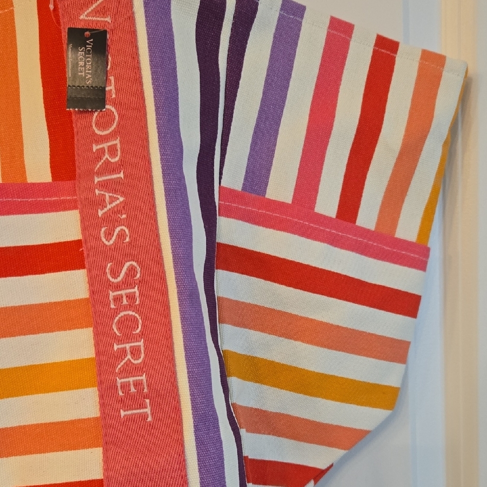 Victoria's Secret Red and Pink Tote Bag with Striped Design NWT - Picture 2 of 8